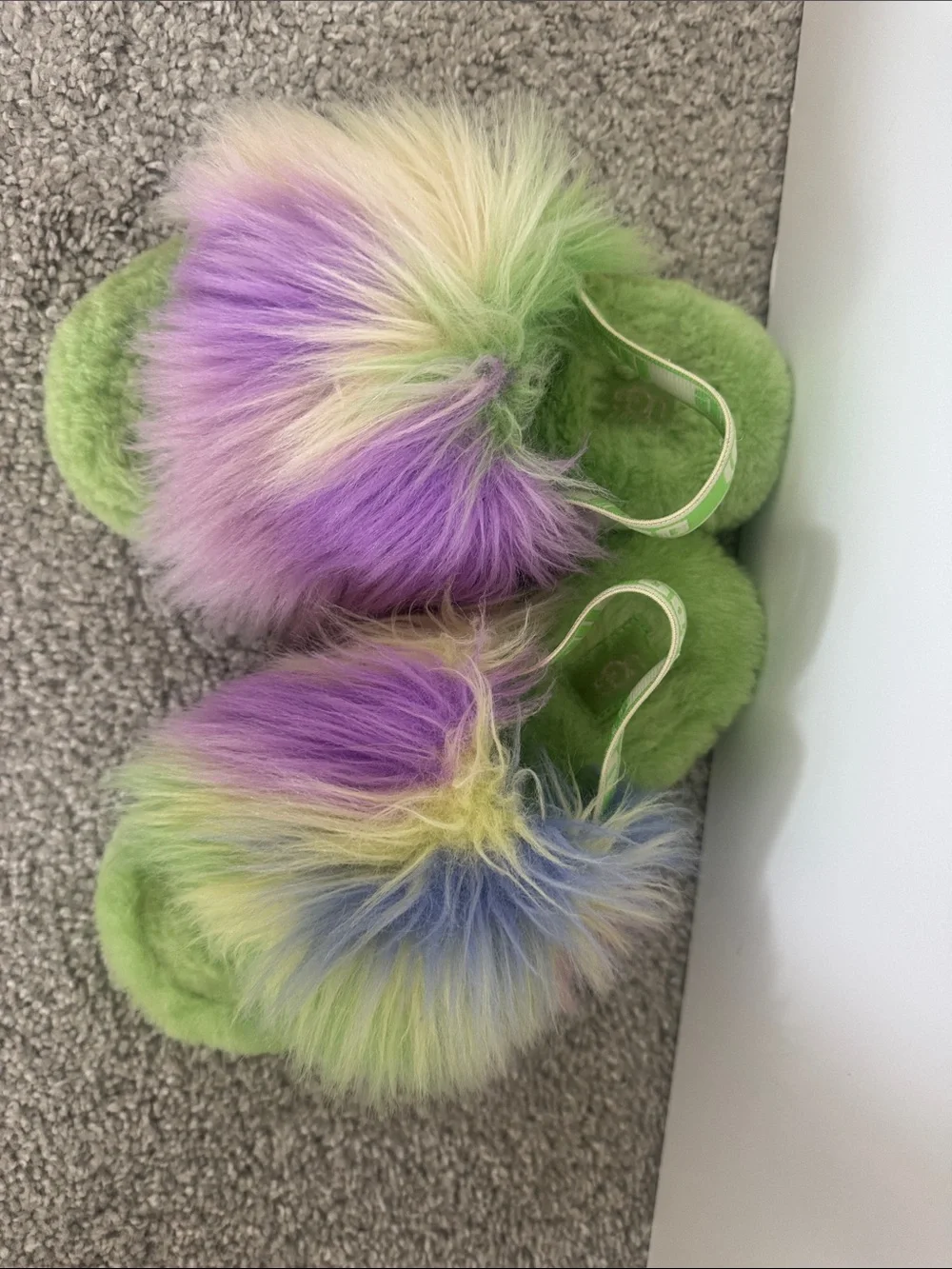 UGG Fuzzy Green Slide Slippers with Pastel Rainbow Pom Poms